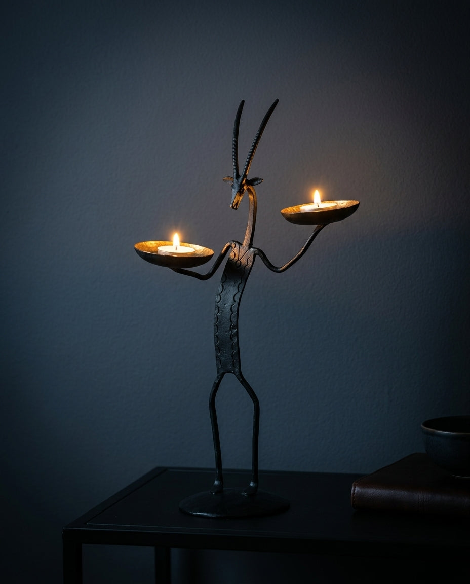 Wrought Iron Deer with Two Tea Lights