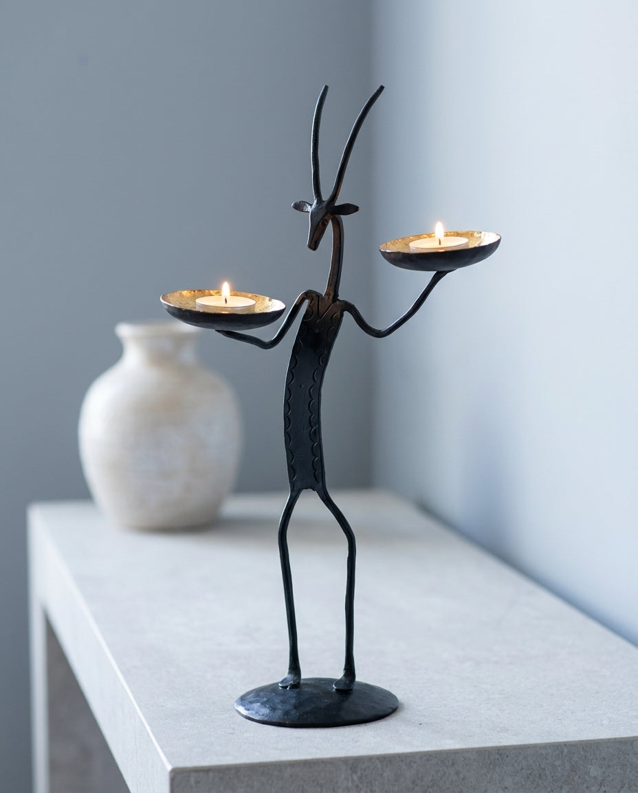 Wrought Iron Deer with Two Tea Lights