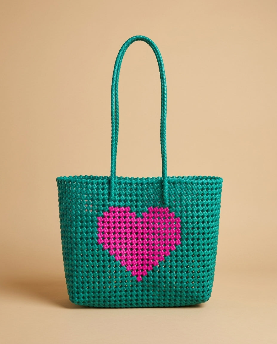 The Koodai Tote — Teal with Pink Heart