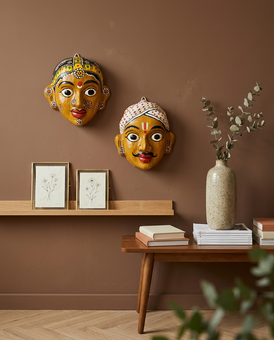 Cheriyal Mukhauta — Hand-Painted Wall Bust Pair (Medium)