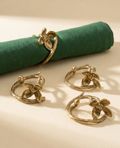 Brass Flower &amp; Bud Napkin Rings, Set of 4