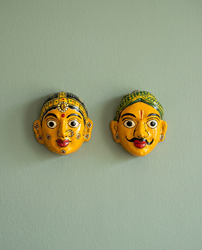 Cheriyal Mukhauta — Yellow Hand-Painted Wall Bust Pair (Medium)