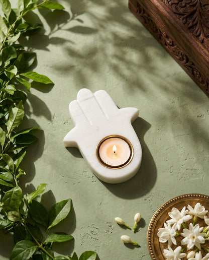 Marble Hamsa Tealight Holder with Brass Cup