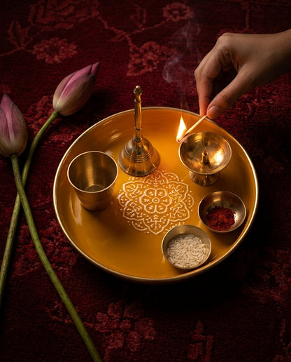 Yellow Mandala Puja Thali Set in Enamel &amp; Brass