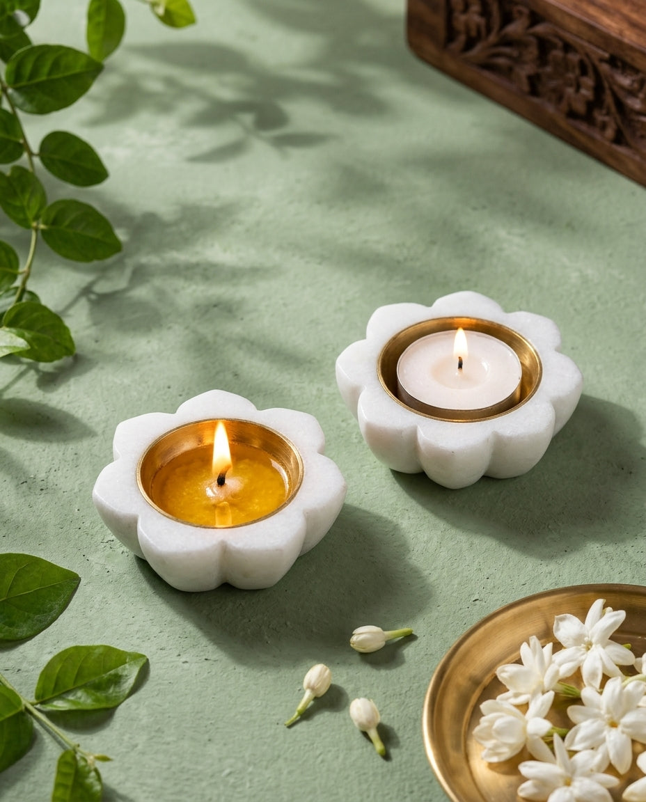 Marble Lotus Diya, Set of 2
