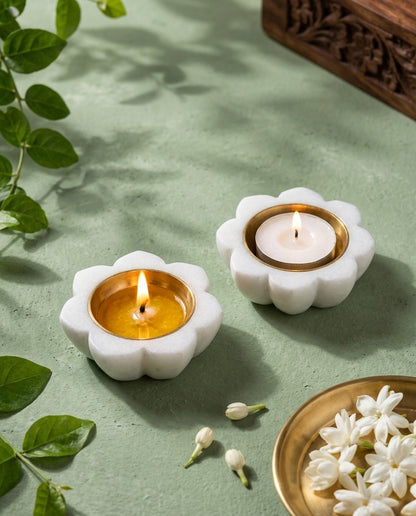Marble Lotus Diya, Set of 2