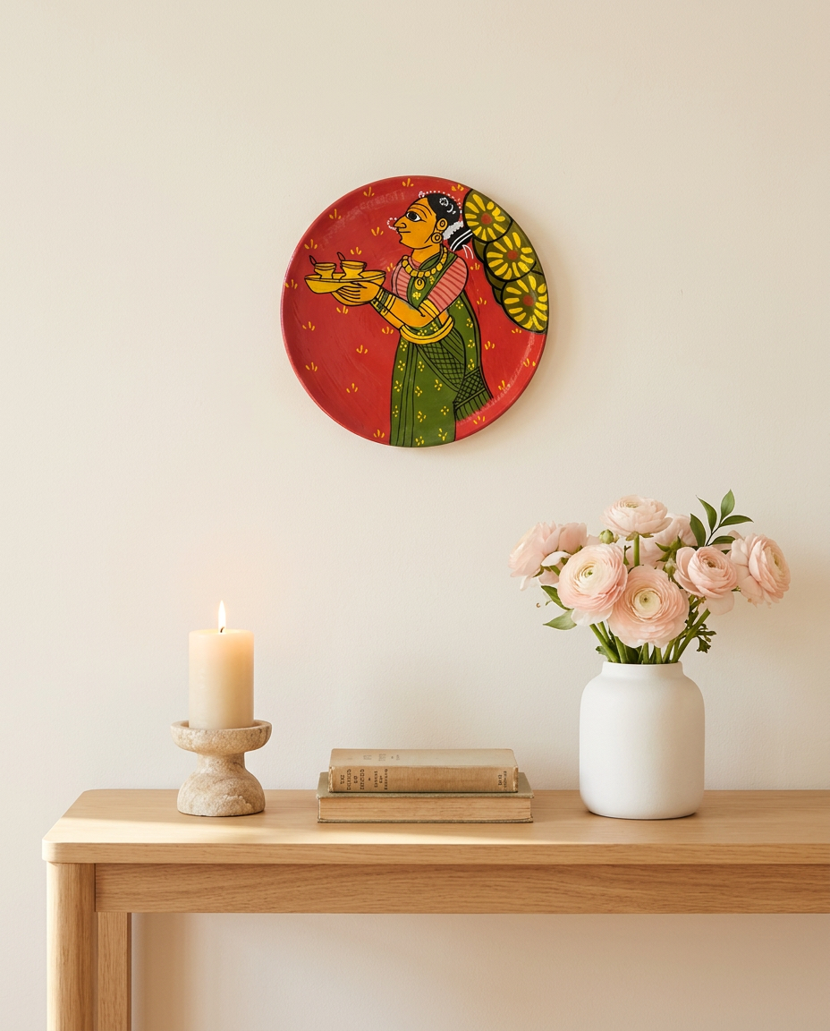 Cheriyal Wall Plate – The Diya Bearer in Green (Small)