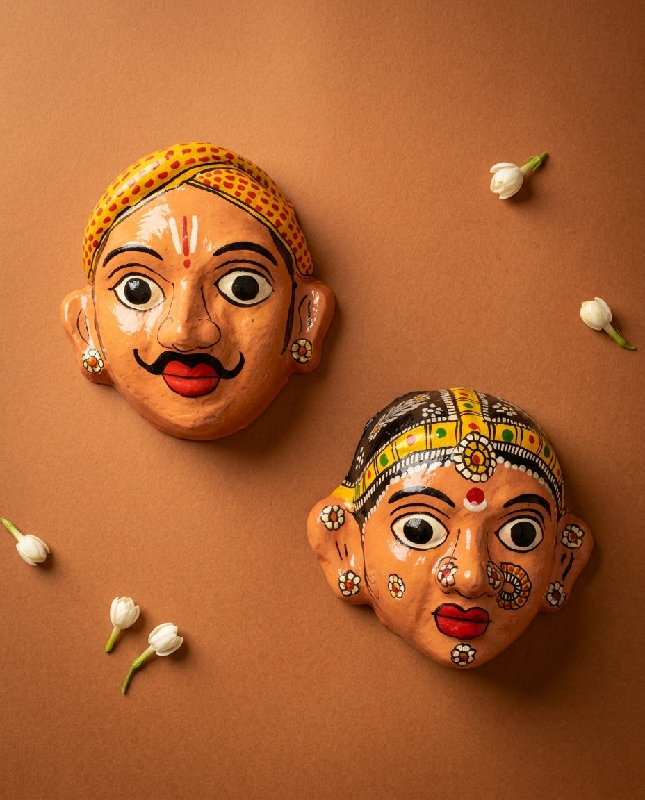 Cheriyal Mukhauta — Peach Hand-Painted Wall Bust Pair