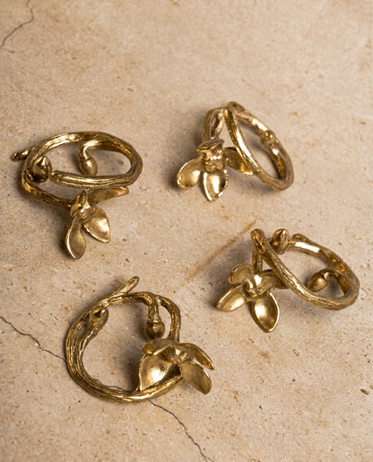 Brass Flower &amp; Bud Napkin Rings, Set of 4
