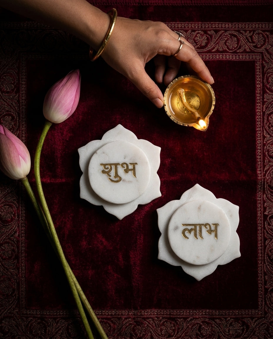 Shubh Labh Marble Lotus Set with Brass Inlay