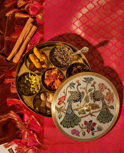 Peacock Brass Spice Box with Lid &amp; Spoon