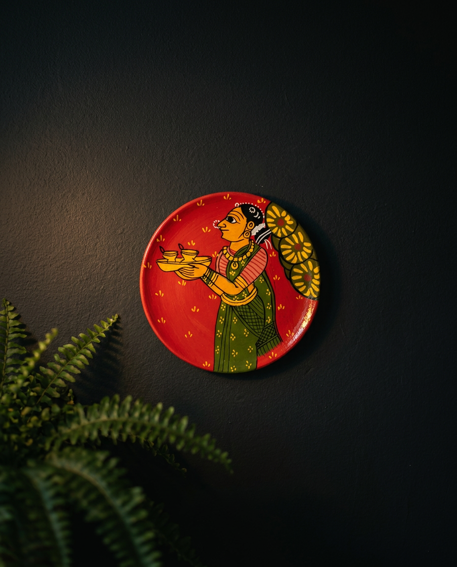 Cheriyal Wall Plate – The Diya Bearer in Green (Small)