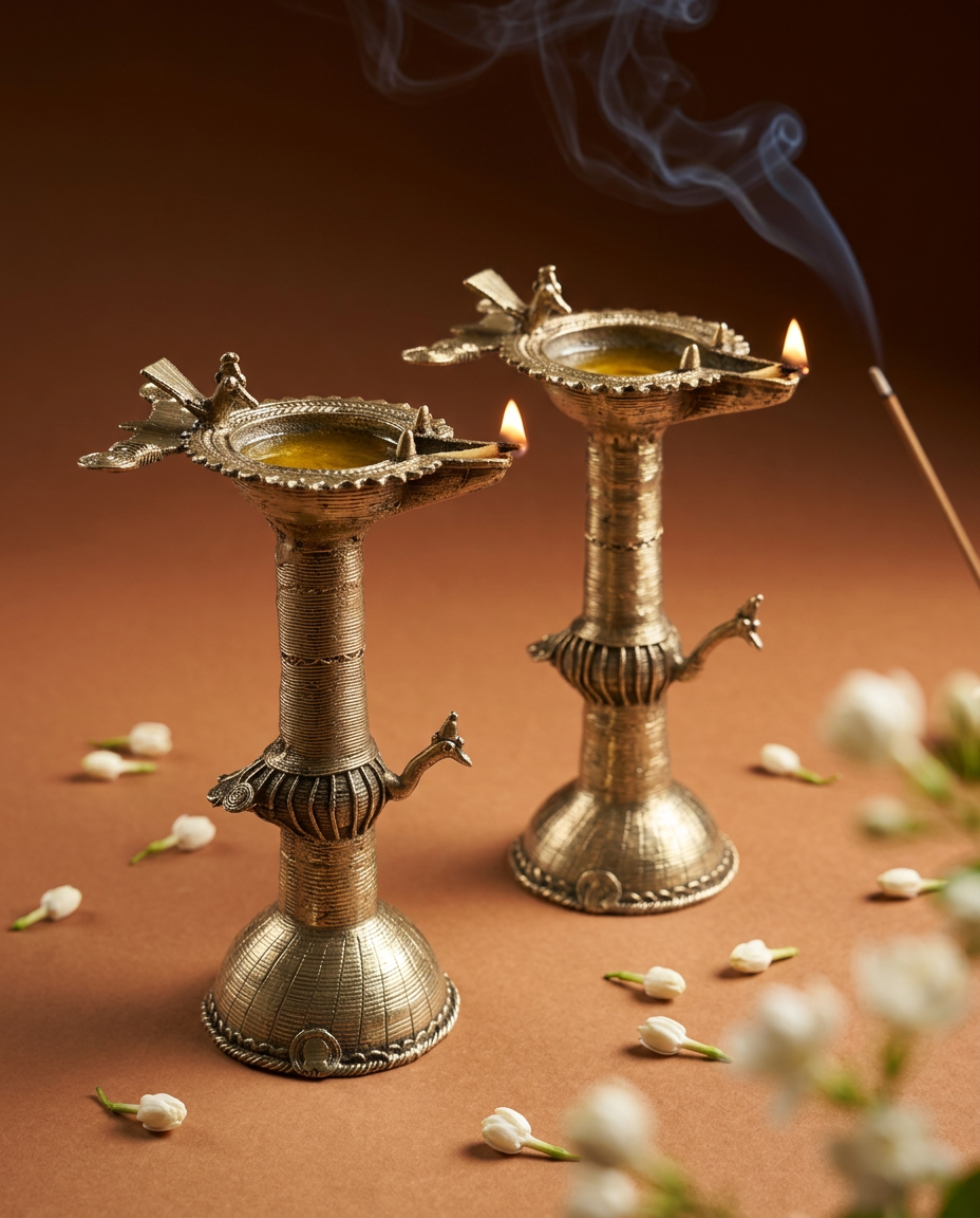 Dhokra Tall Twin-Bird Diya