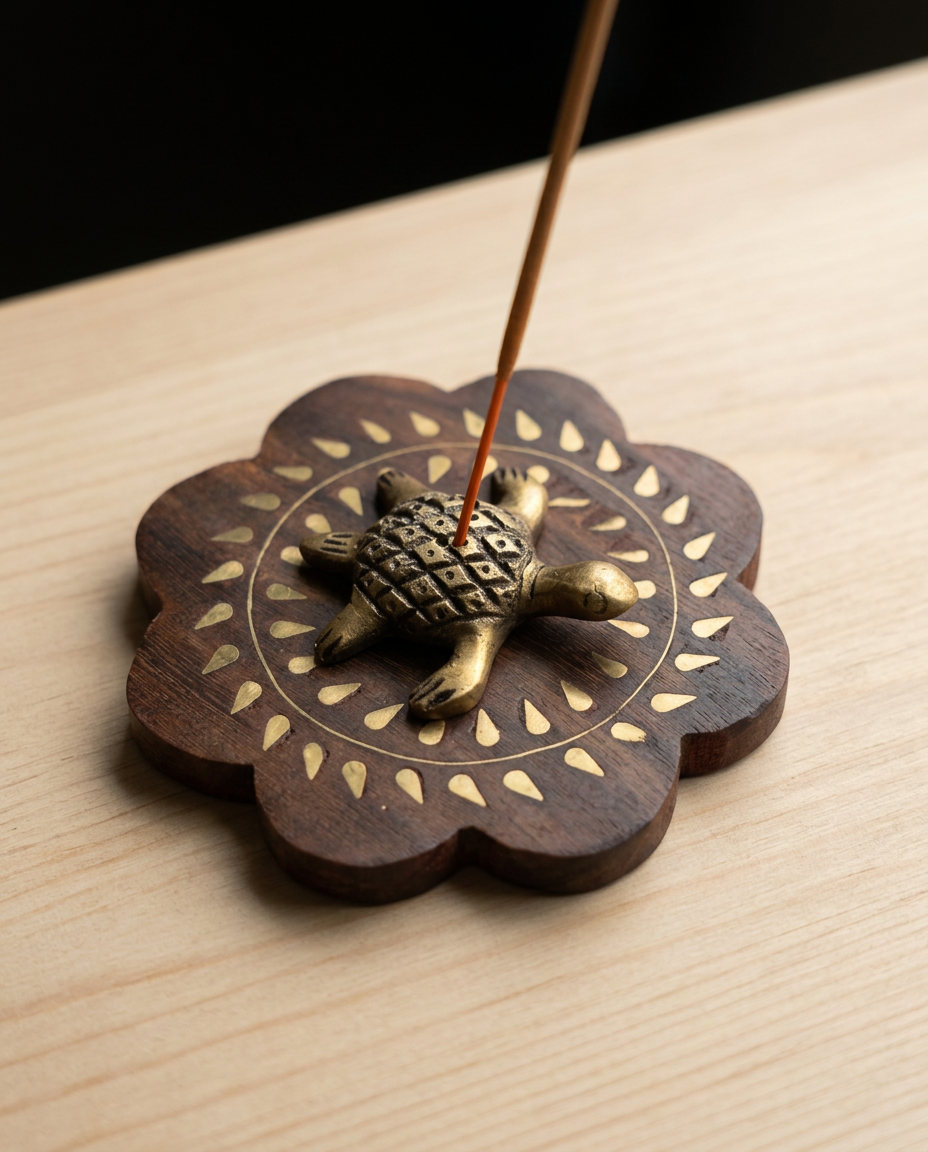 Turtle Brass &amp; Wood Incense Holder