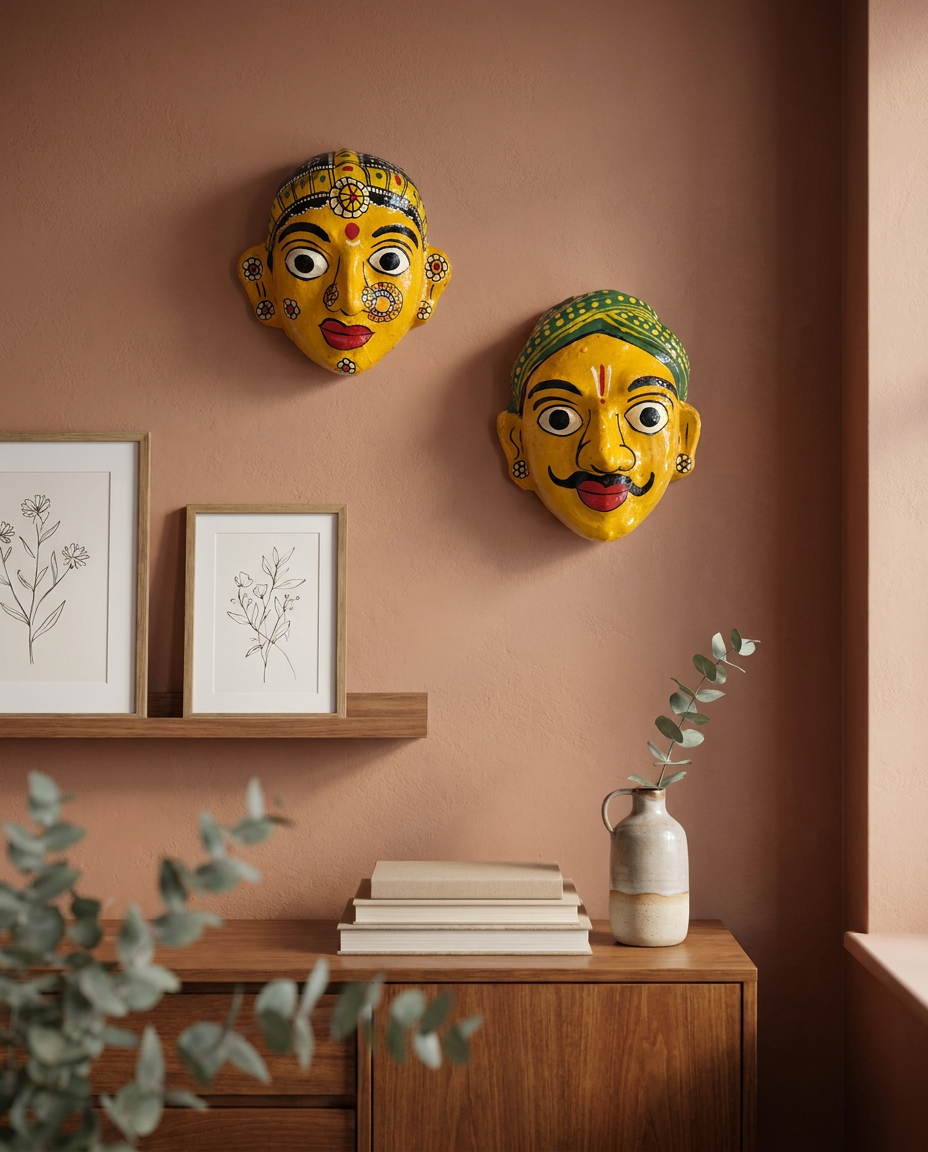 Cheriyal Mukhauta — Yellow Hand-Painted Wall Bust Pair (Medium)