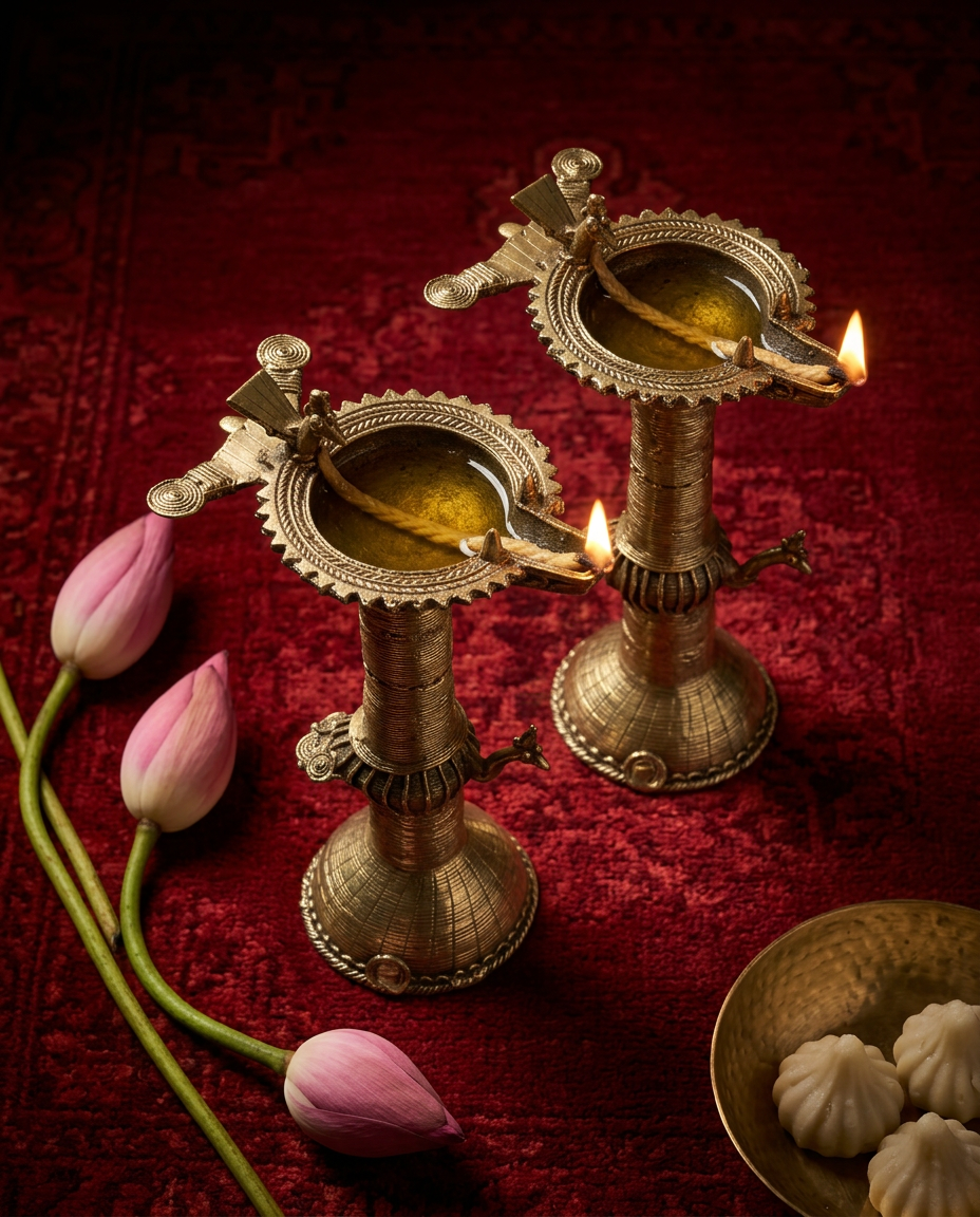 Dhokra Tall Twin-Bird Diya