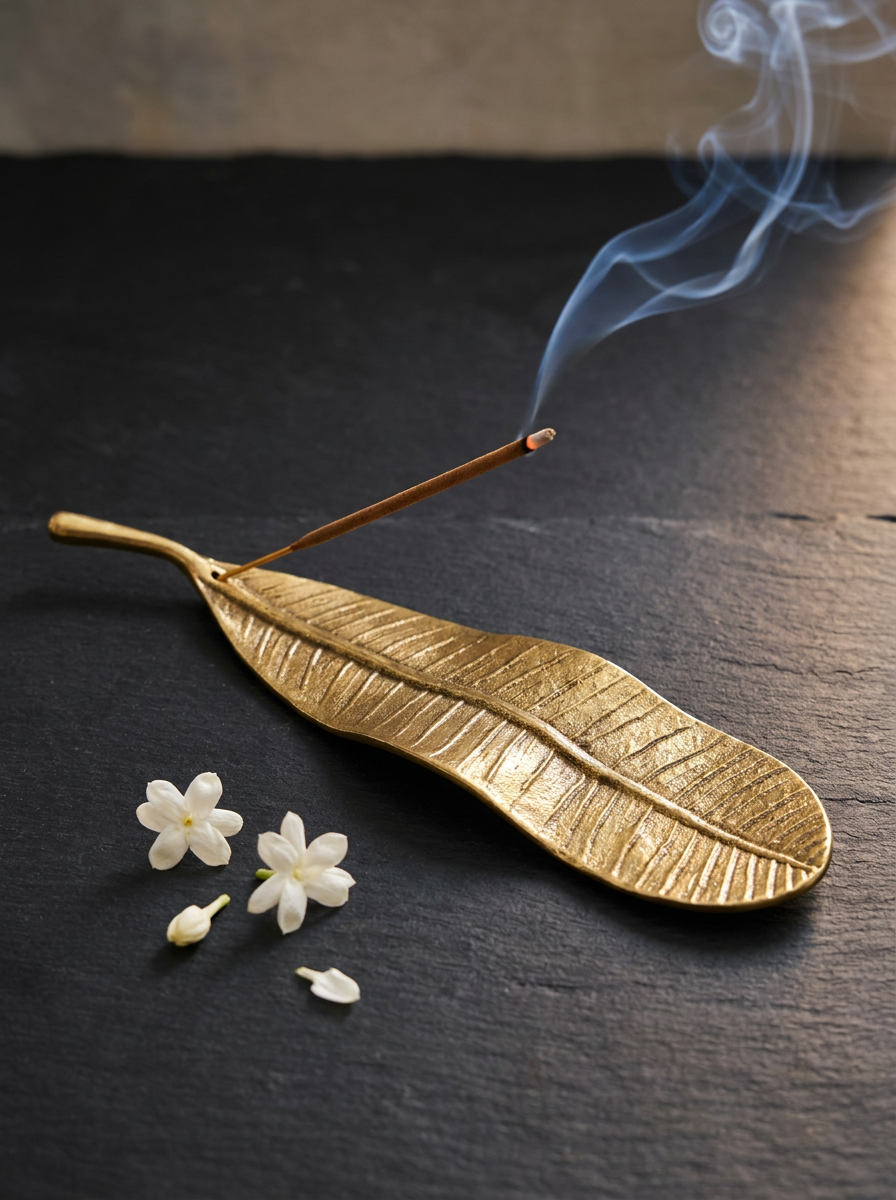 Champa Leaf Brass Incense Holder