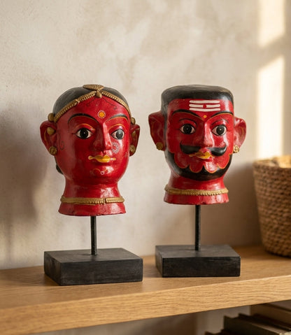Mystic Wooden Face Busts - Set of 2 with Base Stand