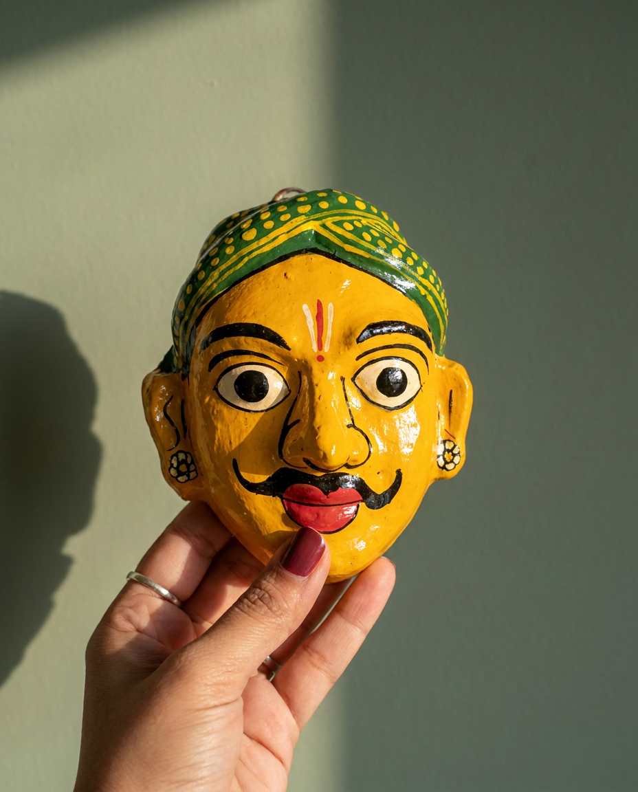 Cheriyal Mukhauta — Yellow Hand-Painted Wall Bust Pair (Medium)