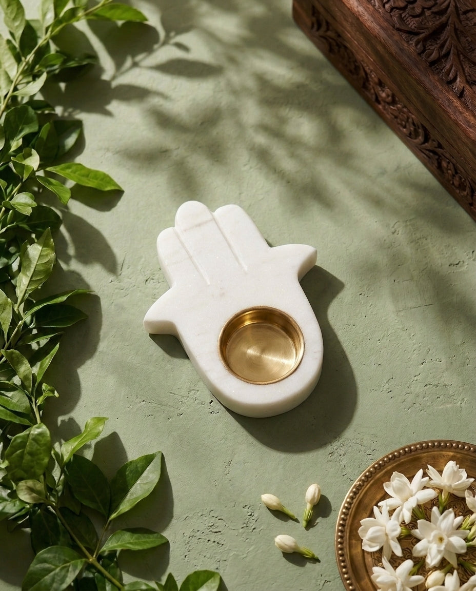 Marble Hamsa Tealight Holder with Brass Cup