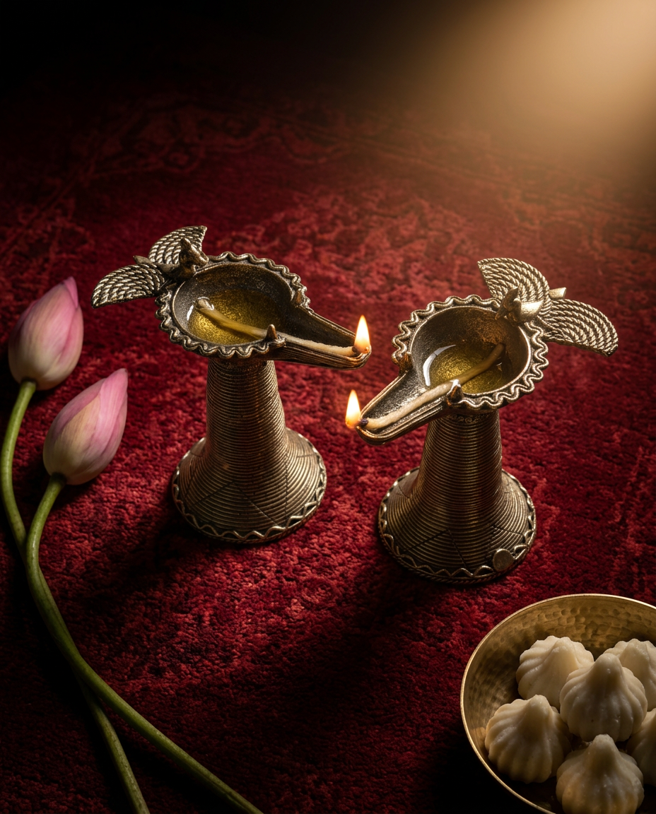 Dhokra Bird Pedestal Diya