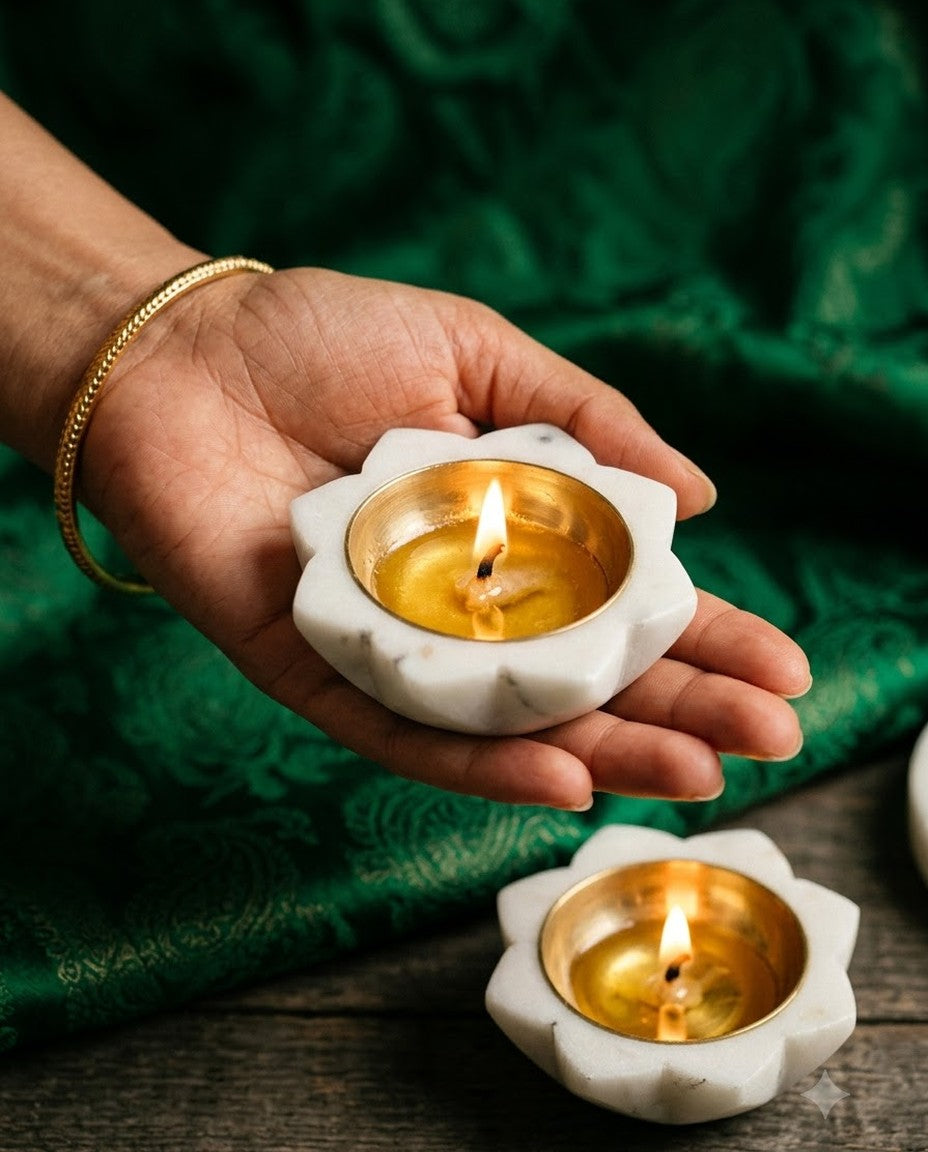 Marble Lotus Diya, Set of 2