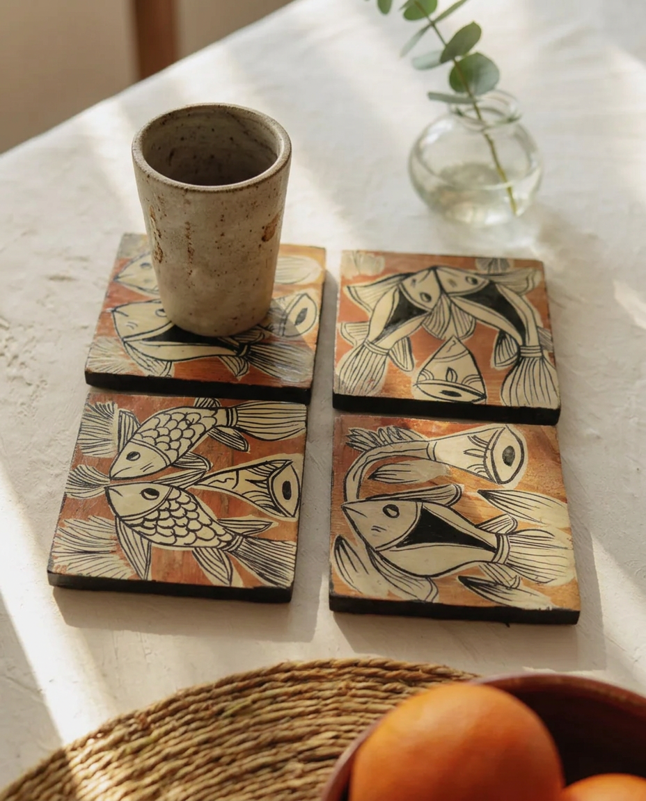 Hand-Painted Fish Coasters (Set of 4)