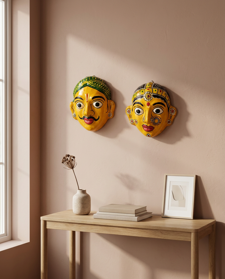 Cheriyal Mukhauta — Yellow Hand-Painted Wall Bust Pair (Medium)