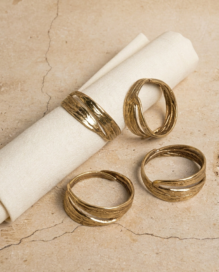 Twin Leaf Brass Napkin Rings, Set of 4