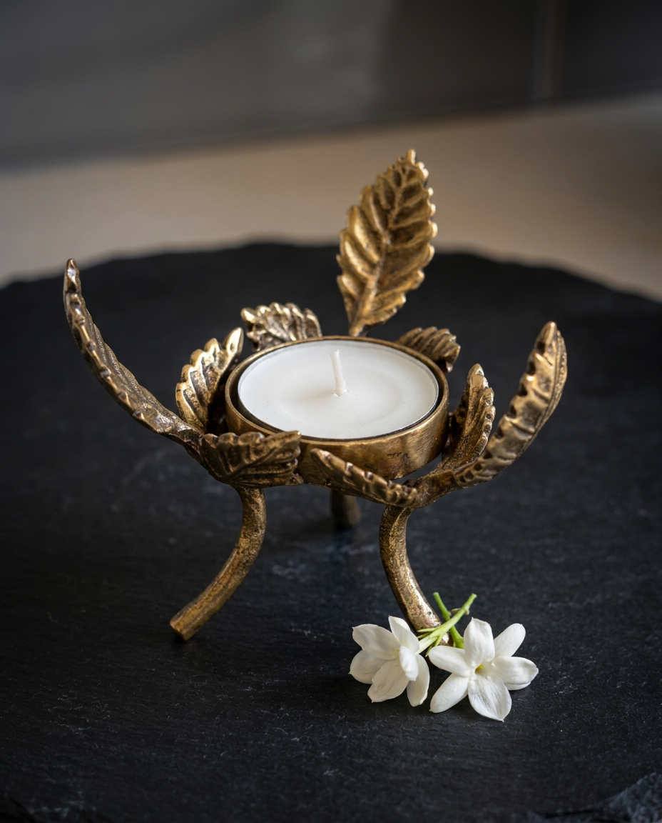 Rose Leaf Brass Tealight Holders, Set of 2