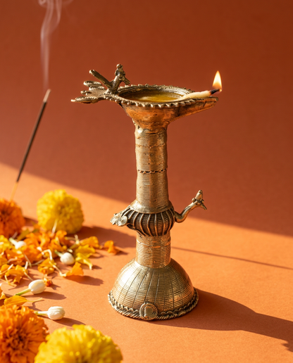 Dhokra Tall Twin-Bird Diya