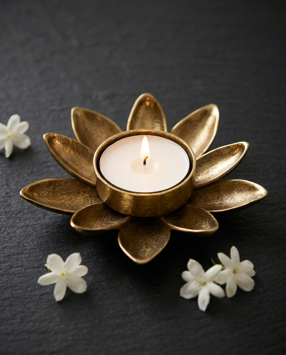 Lotus Bloom Brass Tealight Holder