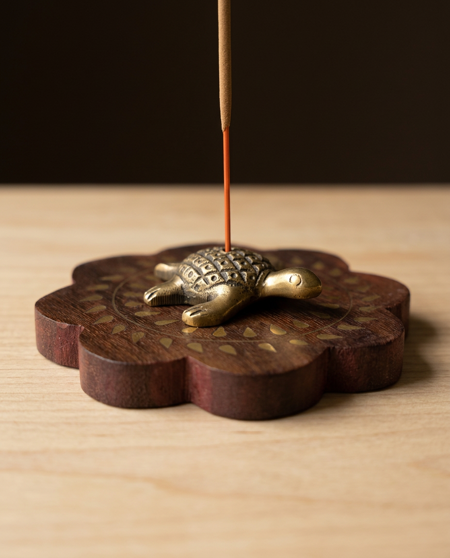 Turtle Brass &amp; Wood Incense Holder