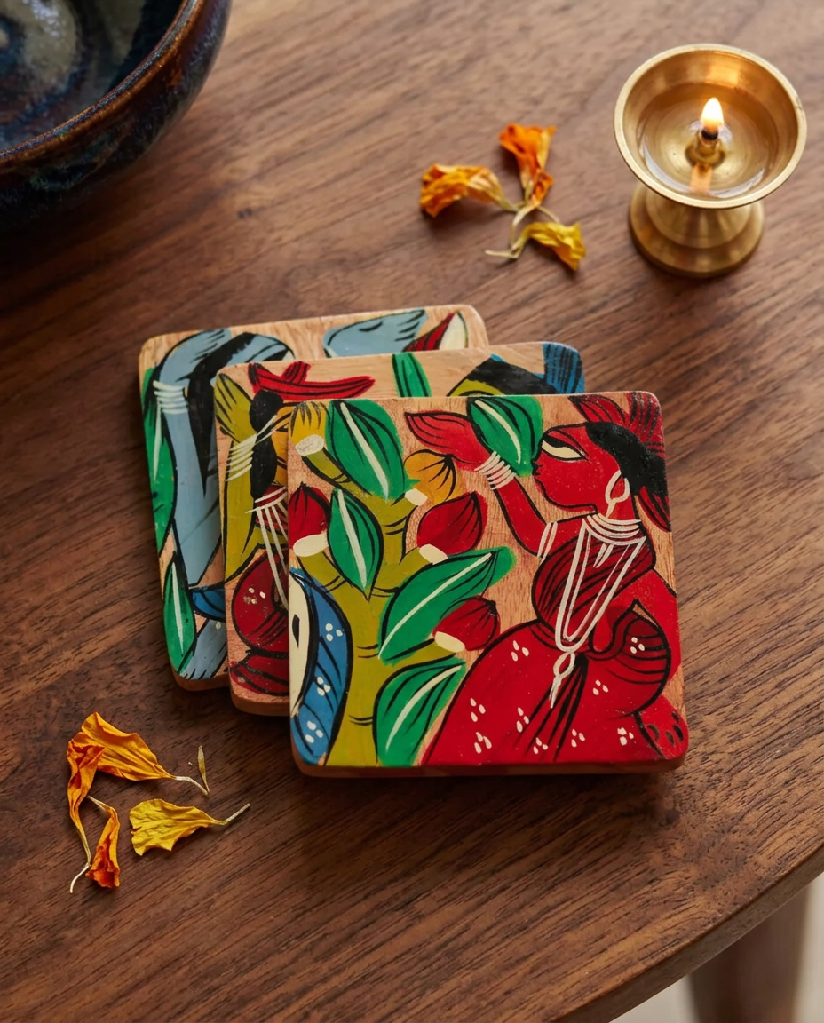 Handcrafted Bengal Pattachitra Coasters (Set of 3)