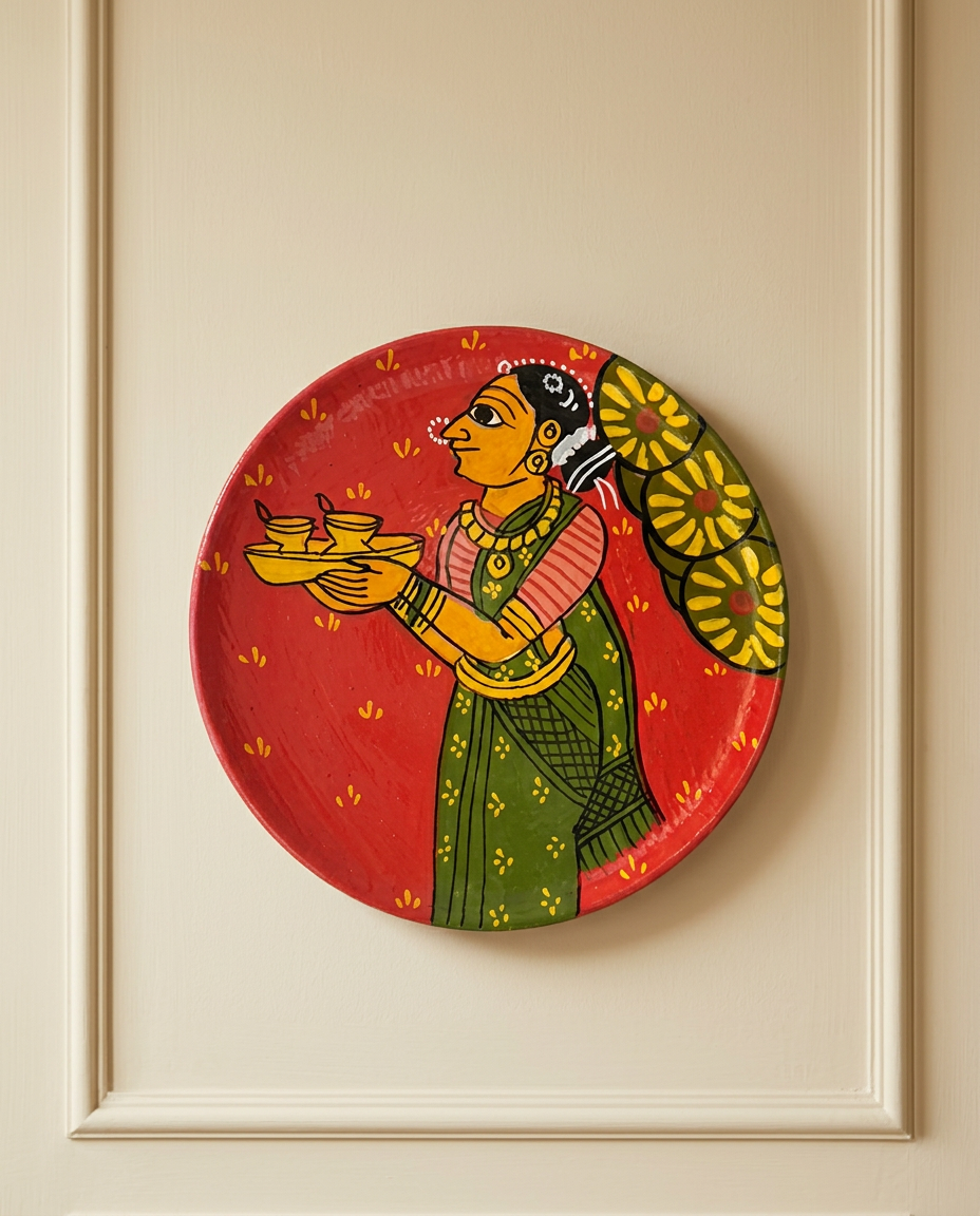 Cheriyal Wall Plate – The Diya Bearer in Green (Small)