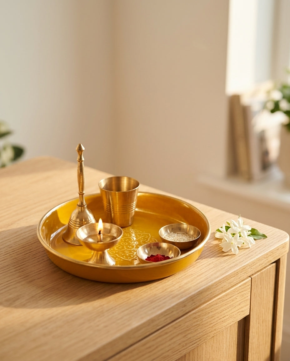 Yellow Mandala Puja Thali Set in Enamel &amp; Brass