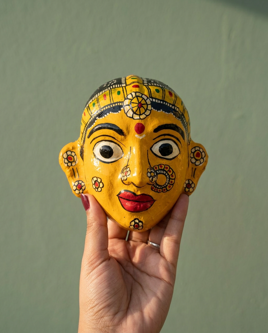 Cheriyal Mukhauta — Yellow Hand-Painted Wall Bust Pair (Medium)