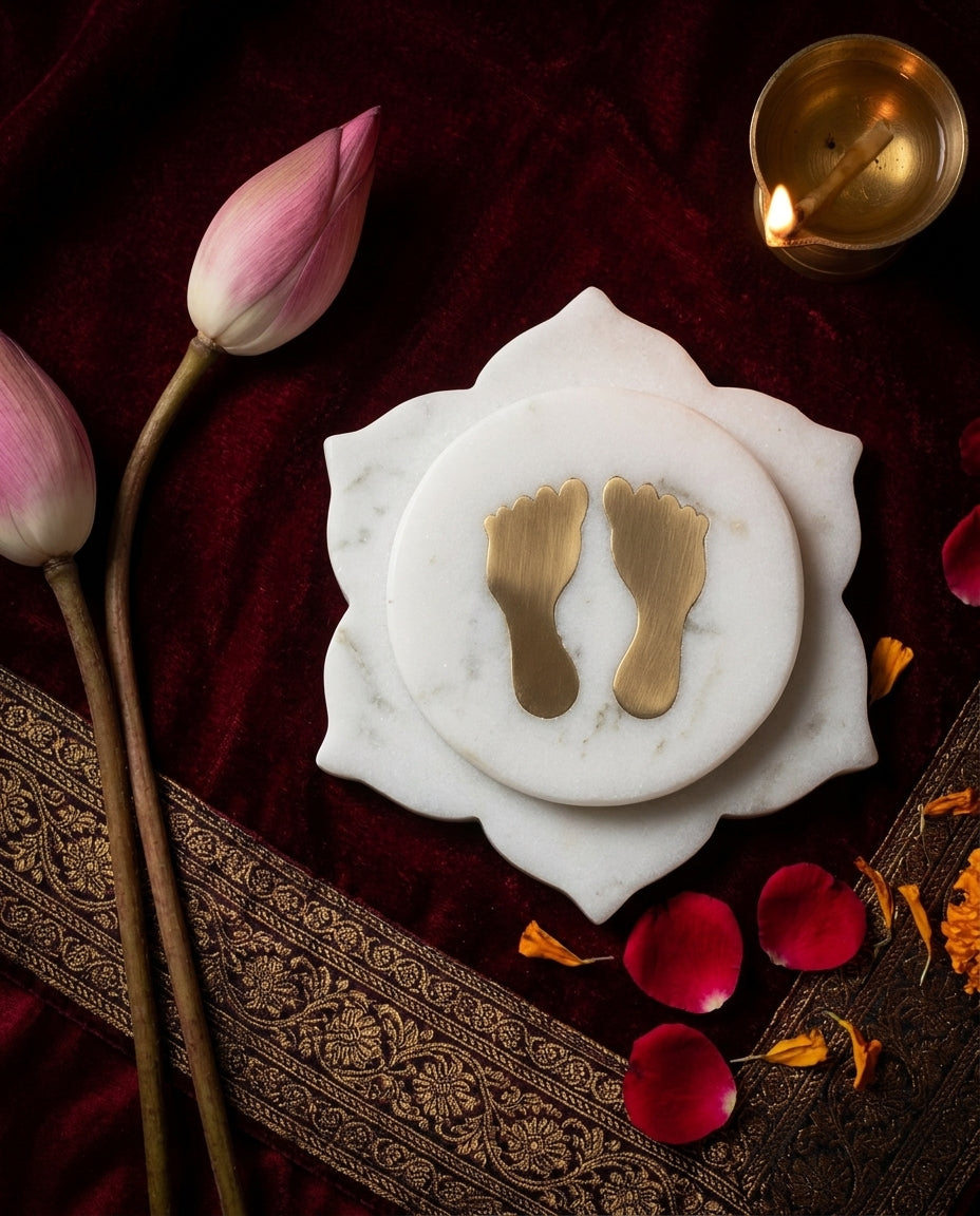 Goddess Lakshmi Feet: Marble Lotus with Brass Inlay